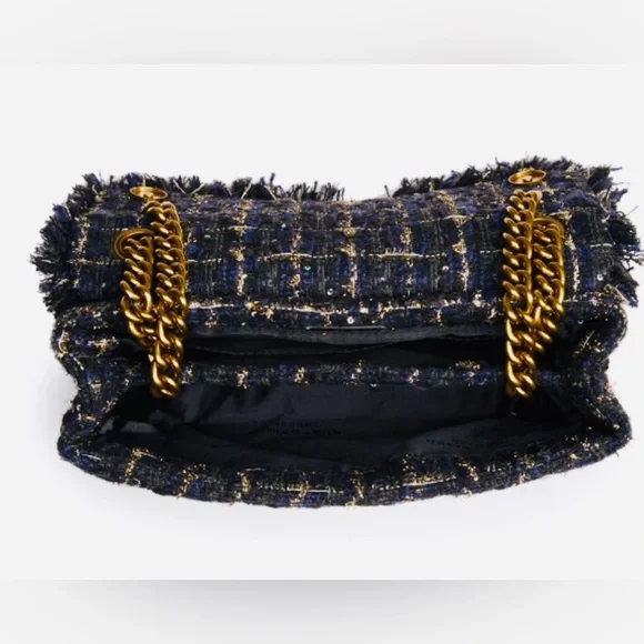 KURT GEIGER NAVY & BLACK EMBELLISHED with Gold Accent Tweed Handbag - Gold Chain - Picture 13 of 16